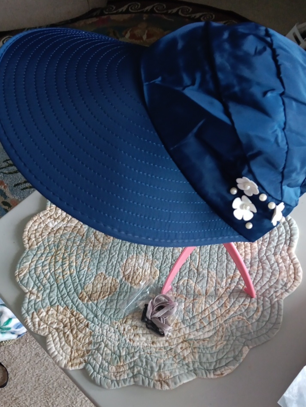 Wide Brim Sun Hat with Floral Accent - Blue